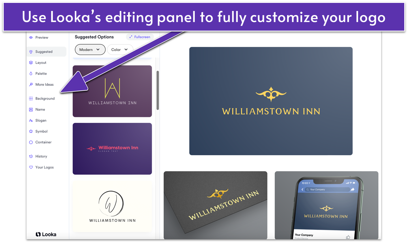 Looka AI logo designs and editing panel