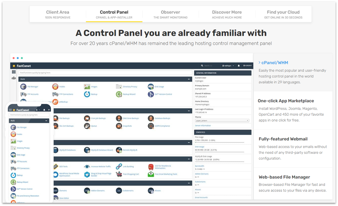 FastComet cPanel control panel interface