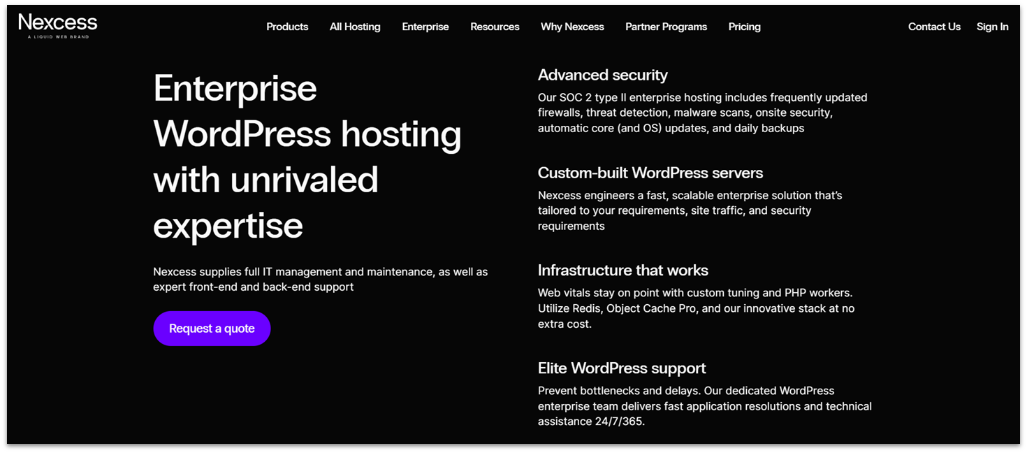 Nexcess Enteprise WordPress hosting features