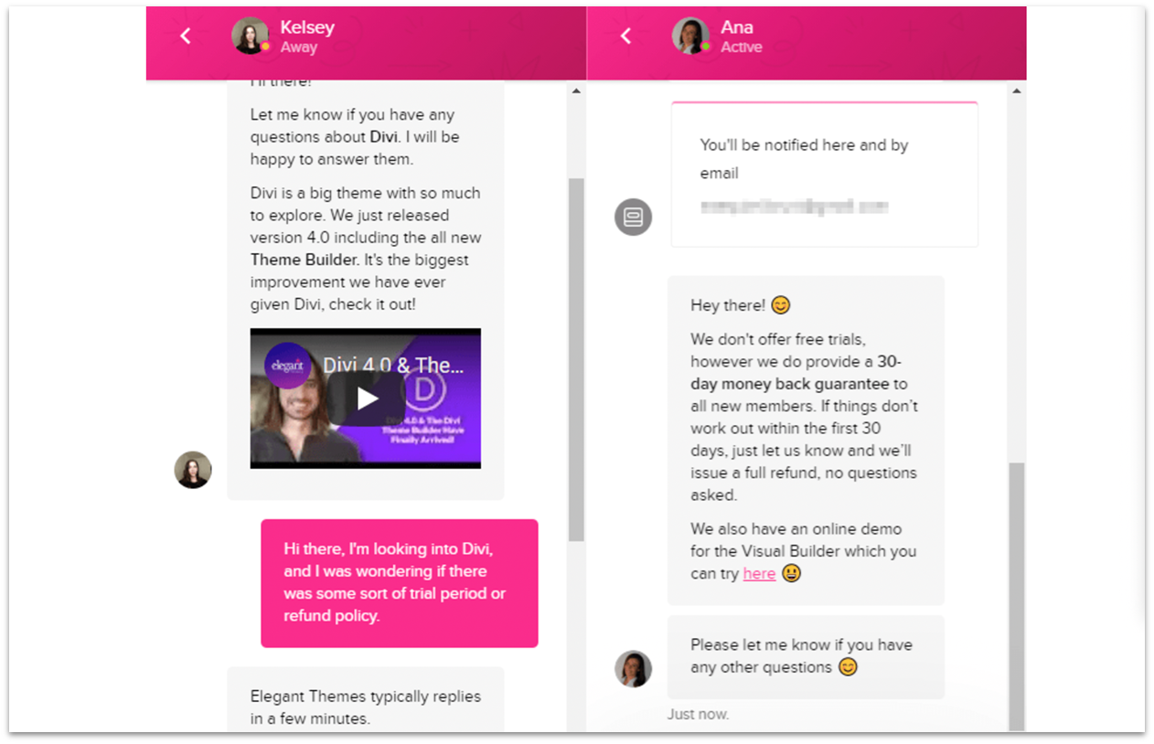 Divi's live chat support