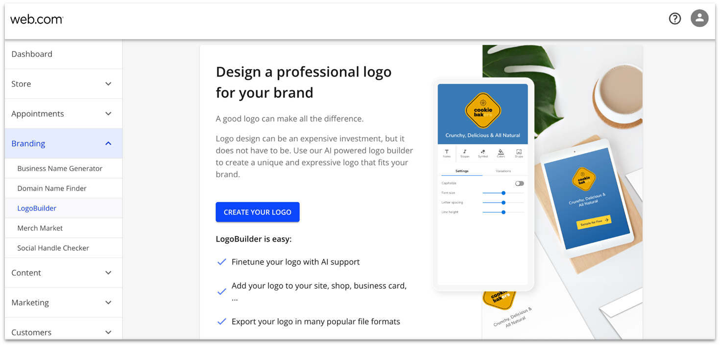 Web.com’s branding dashboard