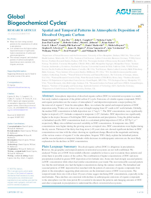 Spatial and Temporal Patterns in Atmospheric Deposition of Dissolved Organic Carbon Thumbnail