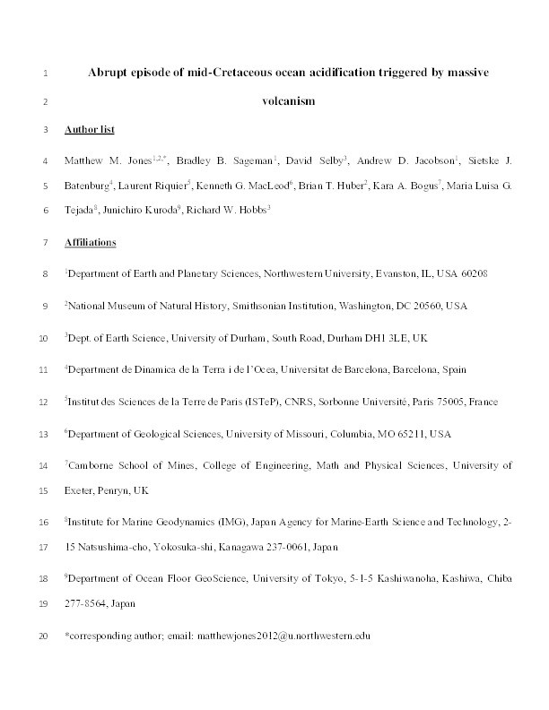 Abrupt episode of mid-Cretaceous ocean acidification triggered by massive volcanism Thumbnail