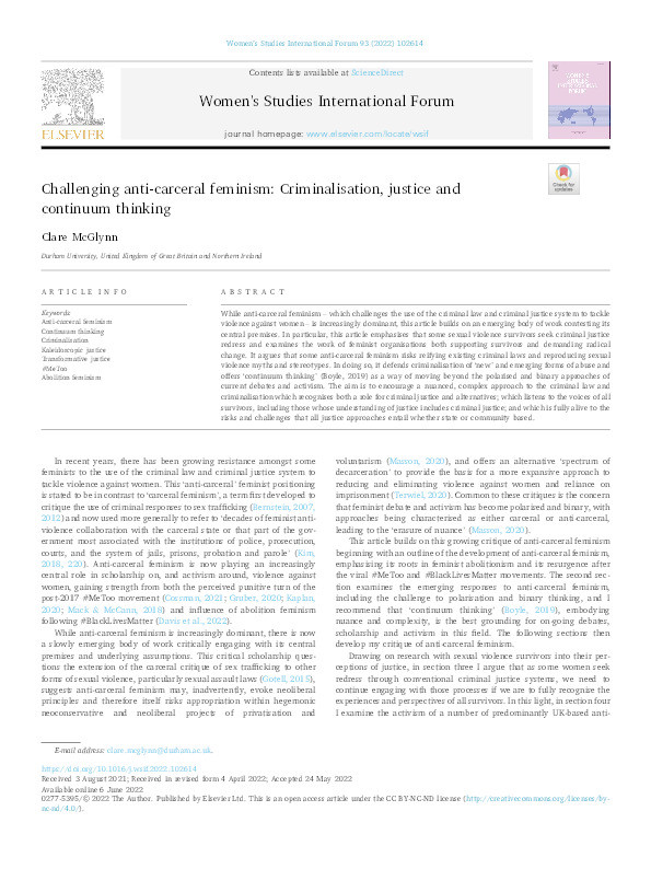 Challenging anti-carceral feminism: Criminalisation, justice and continuum thinking Thumbnail