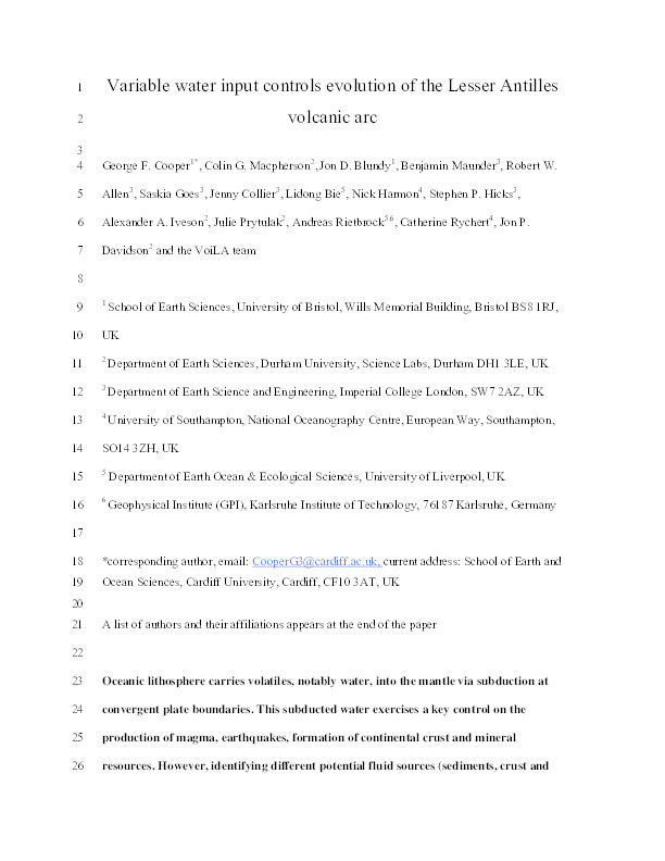 Variable water input controls evolution of the Lesser Antilles volcanic arc Thumbnail