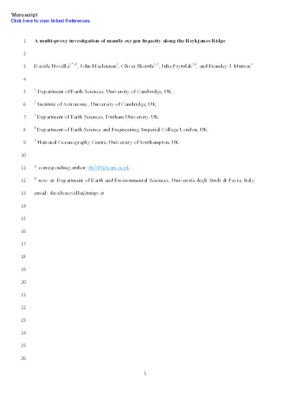 A multi-proxy investigation of mantle oxygen fugacity along the Reykjanes Ridge Thumbnail