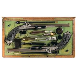 Exhibition Set of Relief Engraved  Gastinne Renette  French Dueling Pistols with Gold Inlay Ebony St