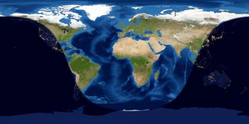 Worldwide map of day and night sides of Earth at mid-eclipse. Night covers Pacific, Pacific Rim, and Australia.