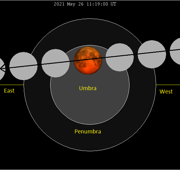 Several positions of the moon within concentric penumbra and umbra, with center moon deep red.