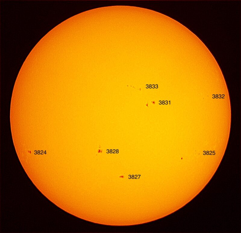 The sun, seen as a large yellow sphere with small dark spots, each labeled.