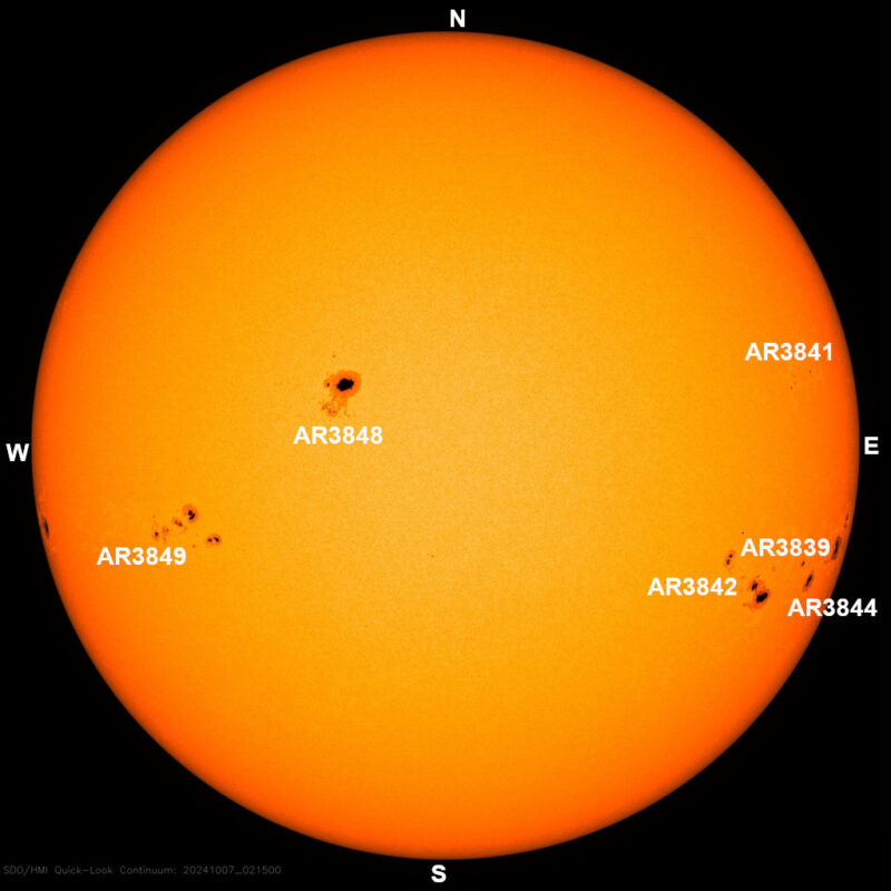 The sun, seen as a large yellow sphere with dark spots, each labeled.