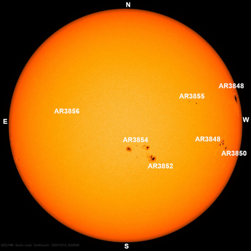 The sun, seen as a large yellow sphere with dark spots, each labeled.