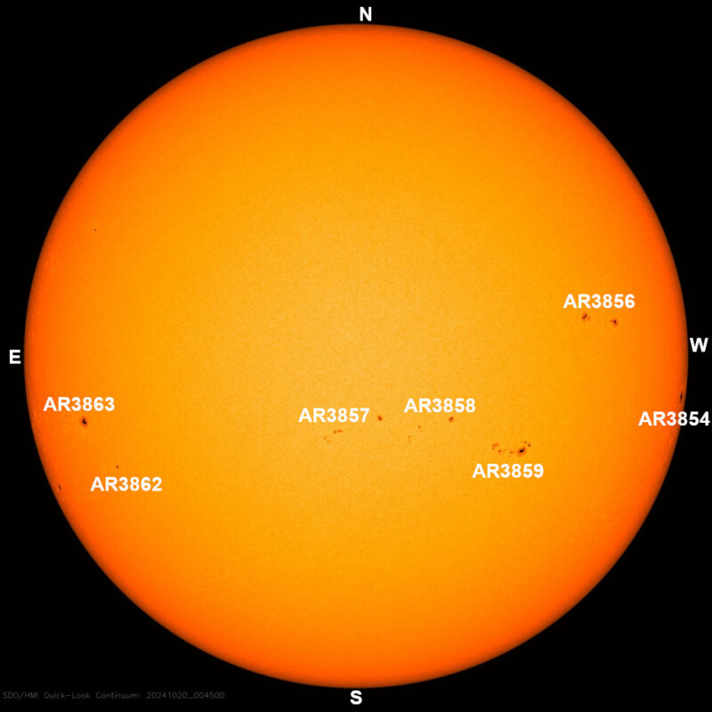 The sun, seen as a large yellow sphere with dark spots, each labeled.