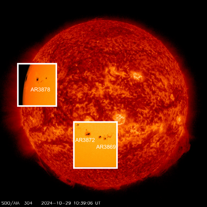 The sun, as a red ball with a textured surface, and insets showing of sunspots.