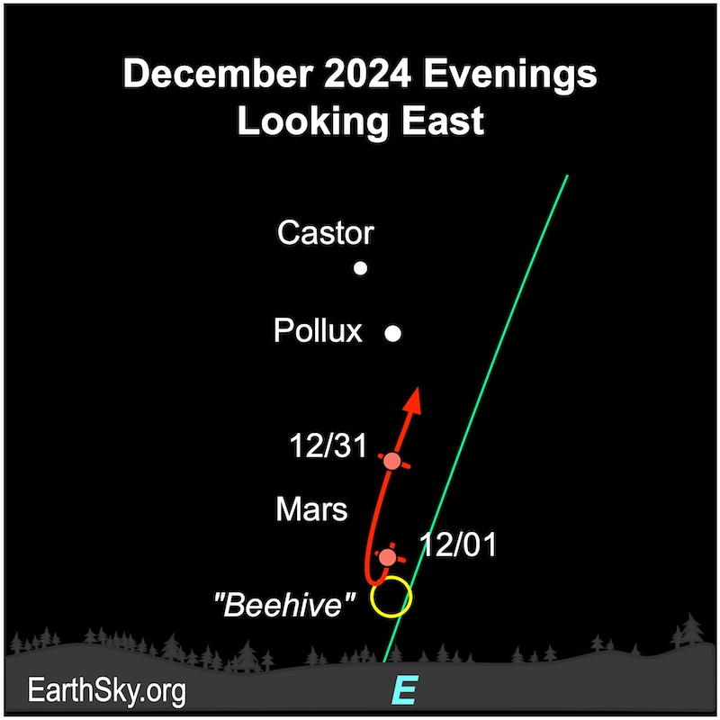 Star chart with curved red line, arrows and dots showing Mars motion in December near dots for stars and a circle for a star cluster.