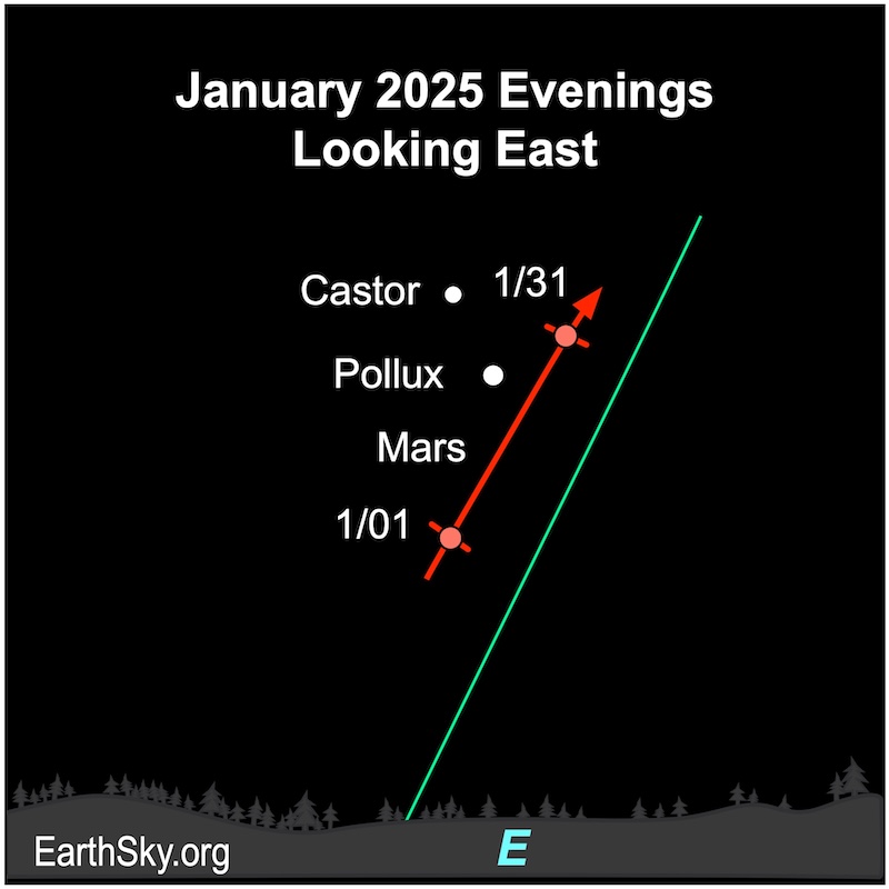 Chart showing a red dot for Mars moving to the upper right along a red line and past two white dots on the left for Castor and Pollux.