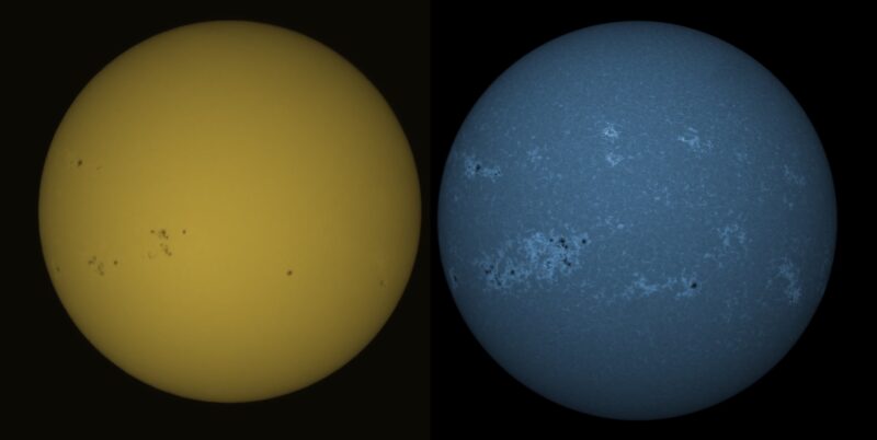 The sun, seen as 2 colored spheres, one yellow and one blue, with scattered darker spots.