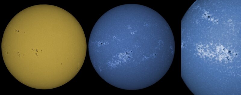 The sun, seen as 3 colored spheres, one yellow and two blue.