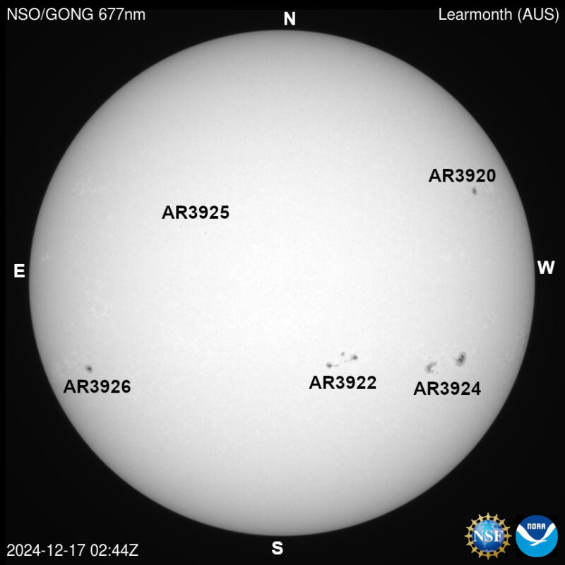 The sun, seen as a large white sphere with dark spots, each labeled.