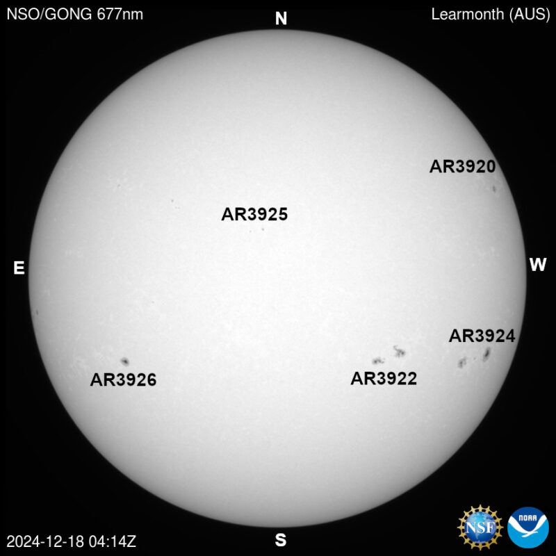 The sun, seen as a large white sphere with dark spots, each labeled.