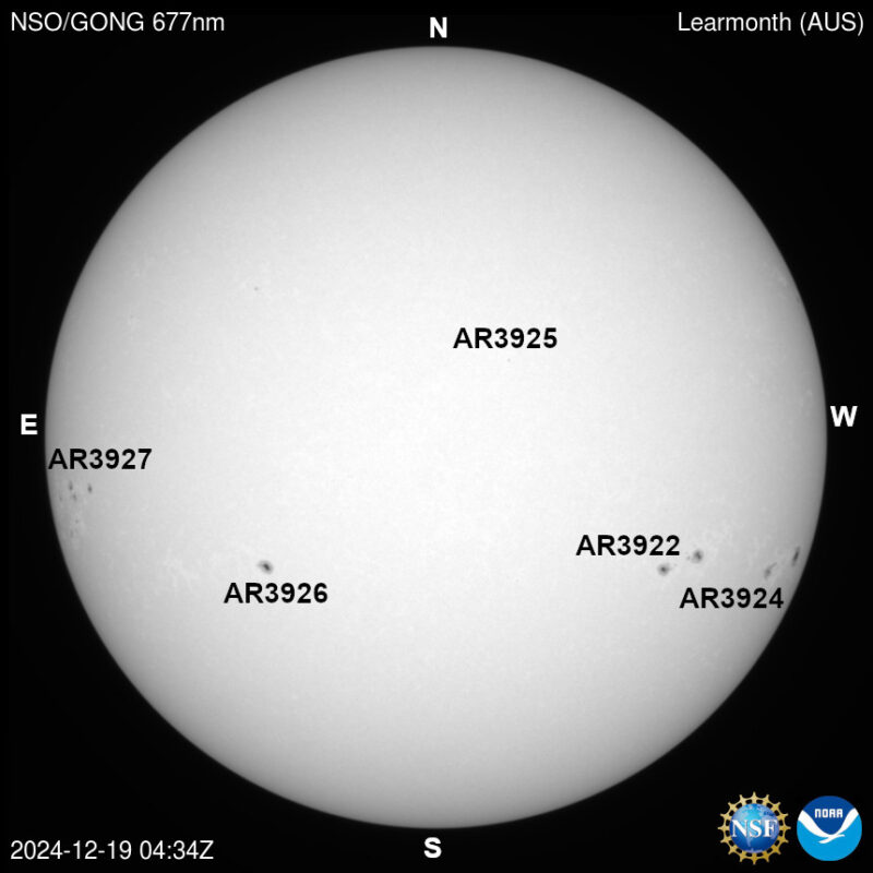 The sun, seen as a large white sphere with dark spots, each labeled.