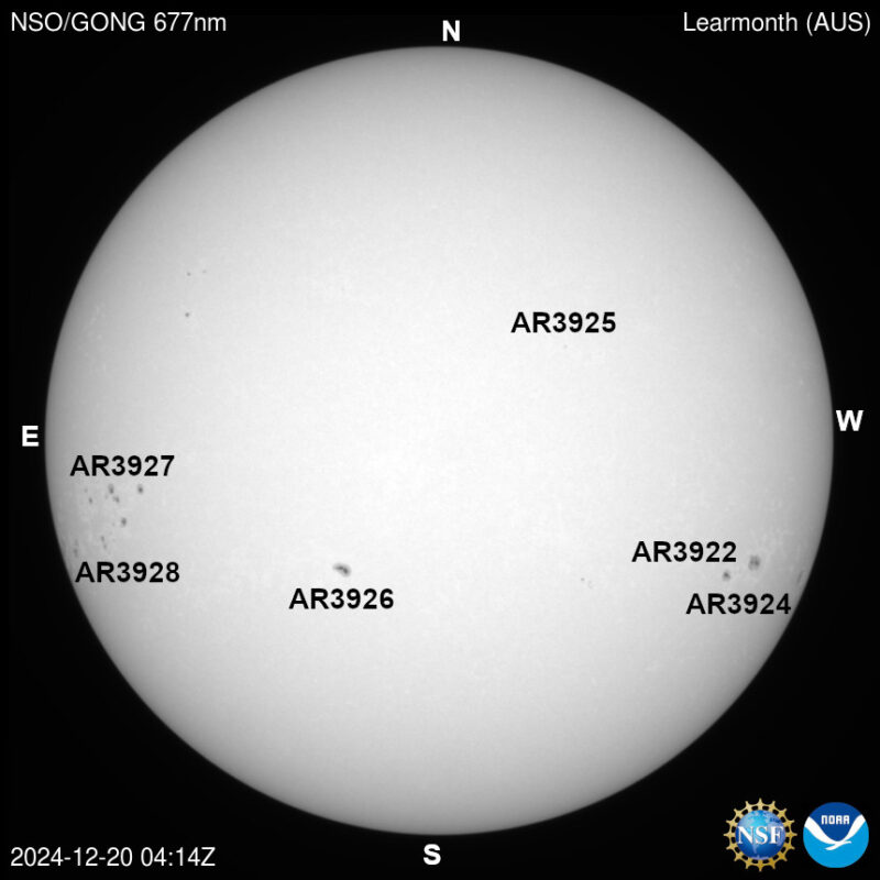 The sun, seen as a large white sphere with dark spots, each labeled.