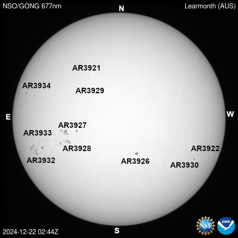 The sun, seen as a large white sphere with dark spots, each labeled.