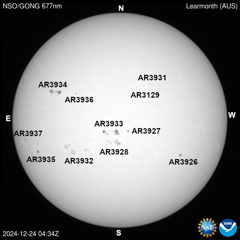 The sun, seen as a large white sphere with dark spots, each labeled.