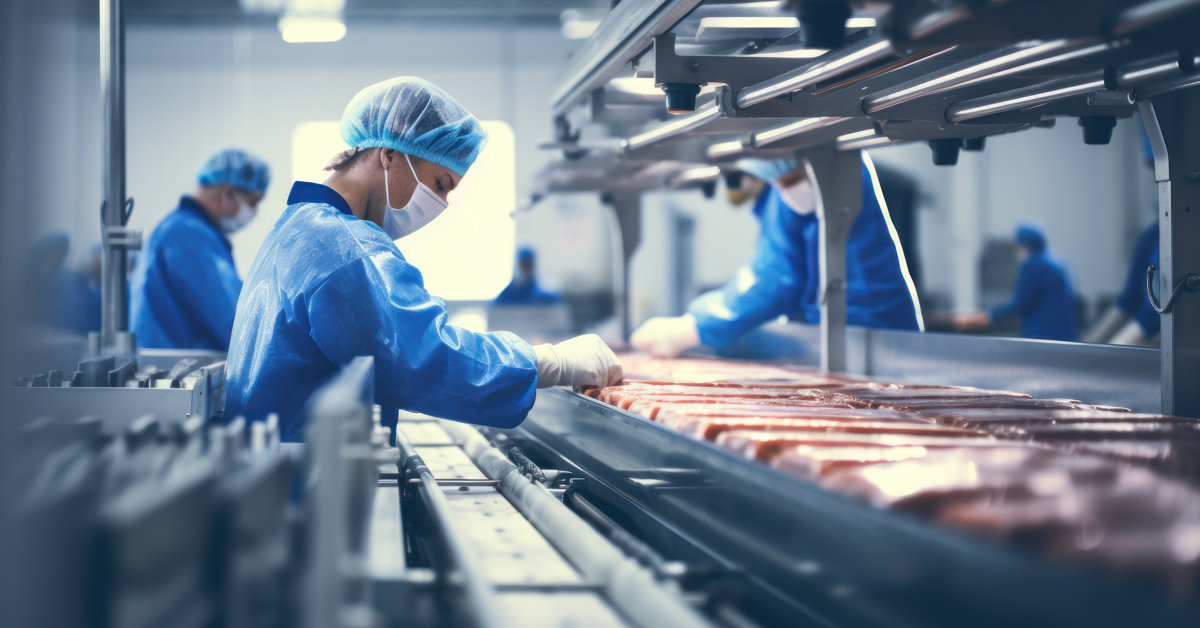 Production line in the food factory.Factory for the production of food from meat.