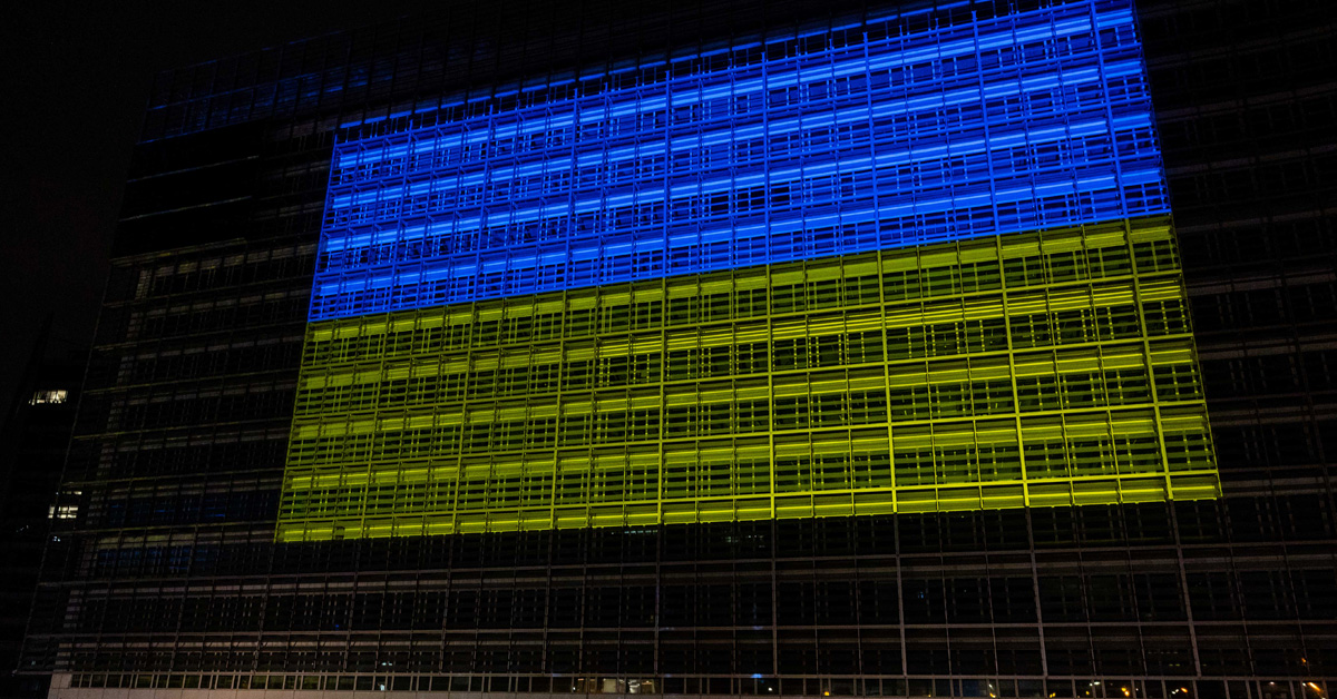 View of the Ukrainian emblem mapped on the Berlaymont