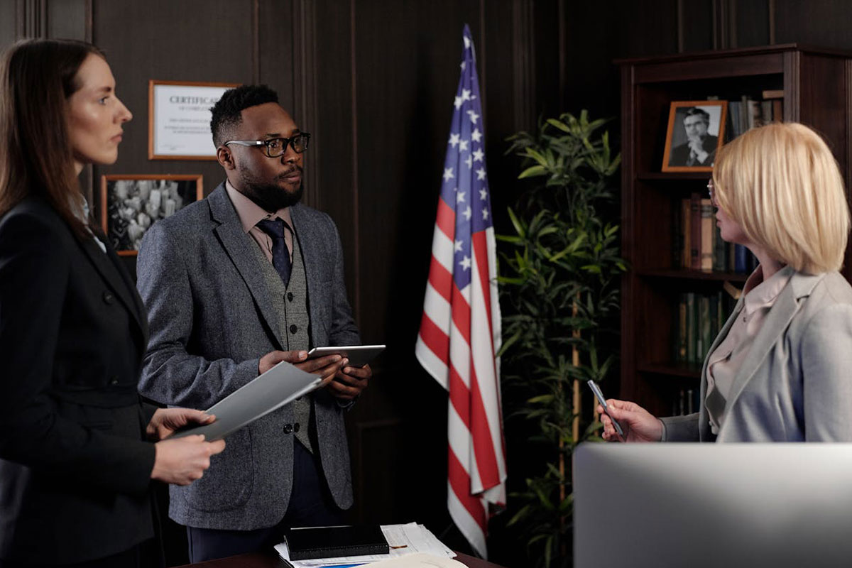 attorneys talking in an attorney’s office