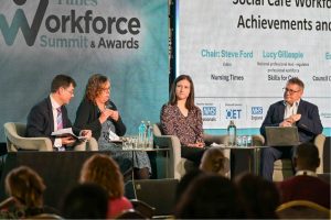 Left to right: Council of Deans of Health chief executive Ed Hughes, national professional lead for regulated professional workforce at Skills for Care Lucy Gillespie, Christina Saville, lecturer at the University of Southampton, and Nursing Times editor Steve Ford