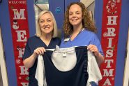 (From left) Marianne Hay and Stacey Boyle with the theatre scrubs