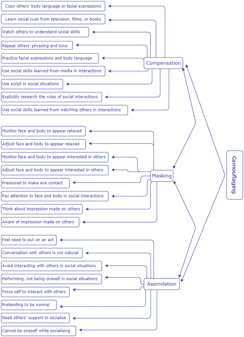 A model showing the subcategories and respective items of camouflaging, which is the basis for the CAT-Q.