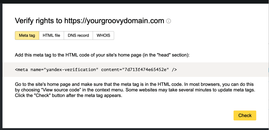 Yandex Webmaster - Meta tag