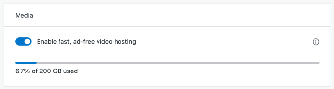 Media section, showing the Video Hosting toggle and how much storage space is used on the site.