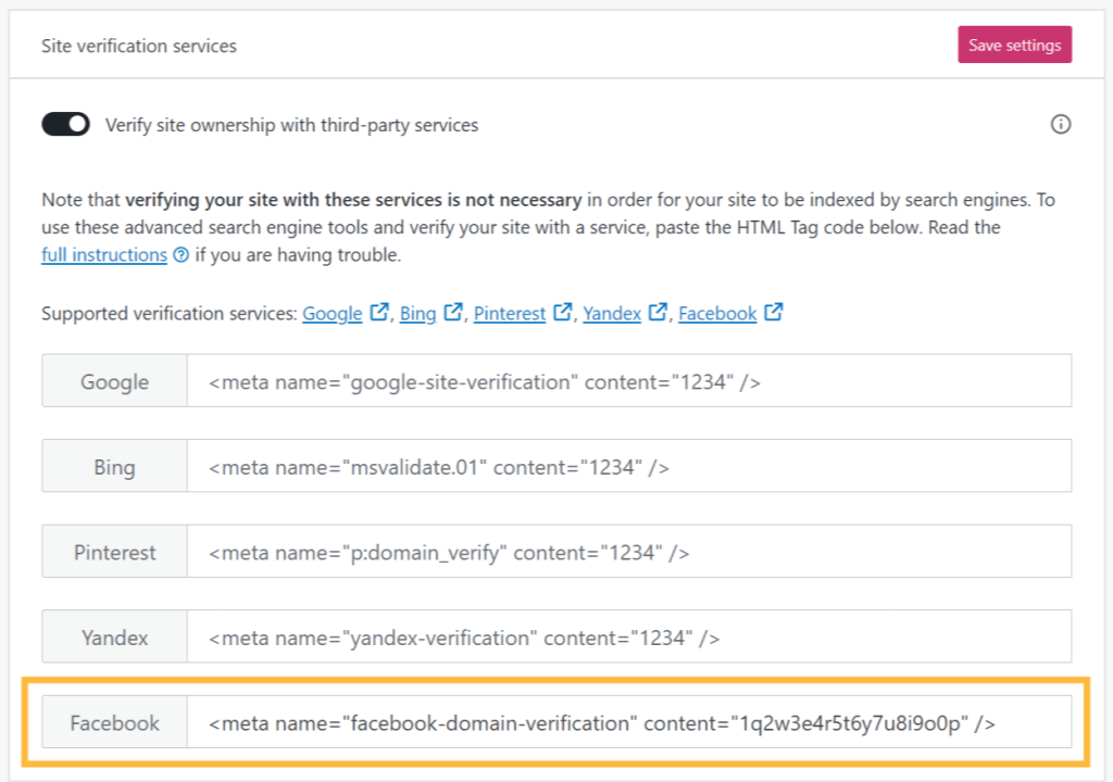 The Facebook meta tag box is highlighted in orange.