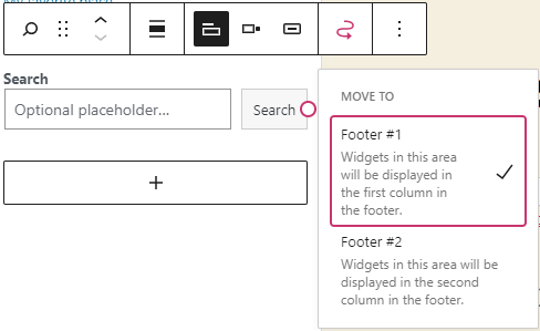 Viene fatto clic sul pulsante Sposta nell'area widget nella barra degli strumenti e vengono visualizzate le opzioni Sposta in.