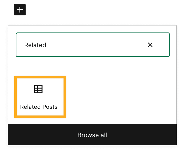 The block selector open with "Related" typed into the search field and the Related Posts block icon highlighted. 