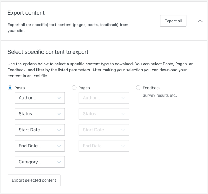 Opções de exportação, mostrando o botão "Exportar tudo", além das opções de seleção de conteúdo (posts, páginas e feedback).