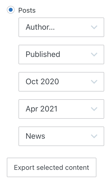 O filtro para exportar posts conta com seções para autor, status, data inicial, data final e categoria. Você pode adicionar mais de um filtro para escolher exatamente o que quer exportar.