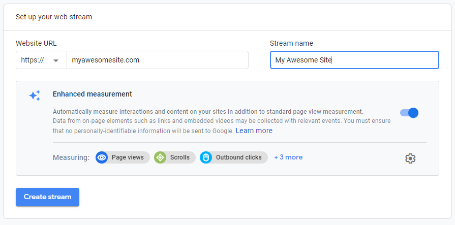 Google Analytics web stream setup screen