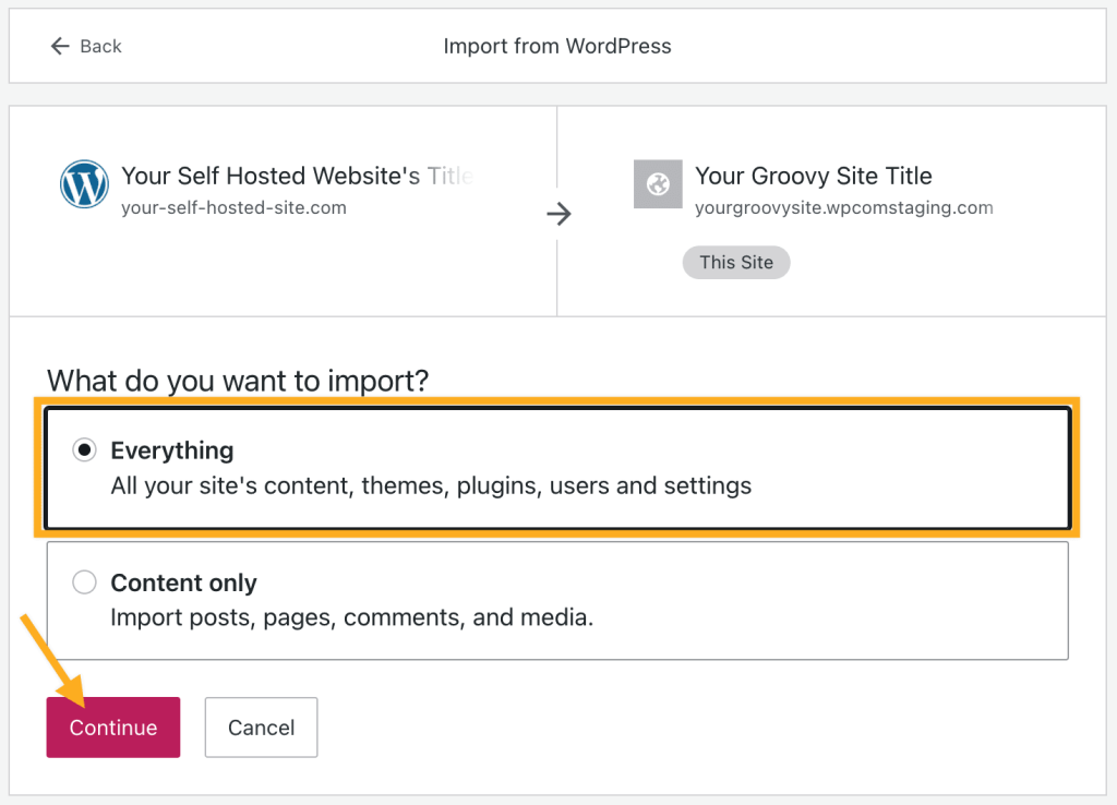 A tela Importar do WordPress com a opção de importar tudo o que estiver selecionado e uma seta apontando para "Continuar".