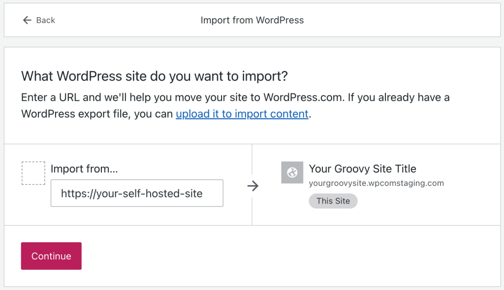 Tela Importar do WordPress com a opção de inserir o endereço do site auto-hospedado e "Continuar"