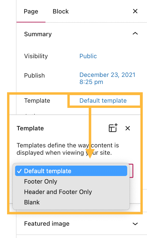 As opções de modelo de página na barra lateral Configurações da página, mostrando o menu suspenso para selecionar um modelo de página diferente.