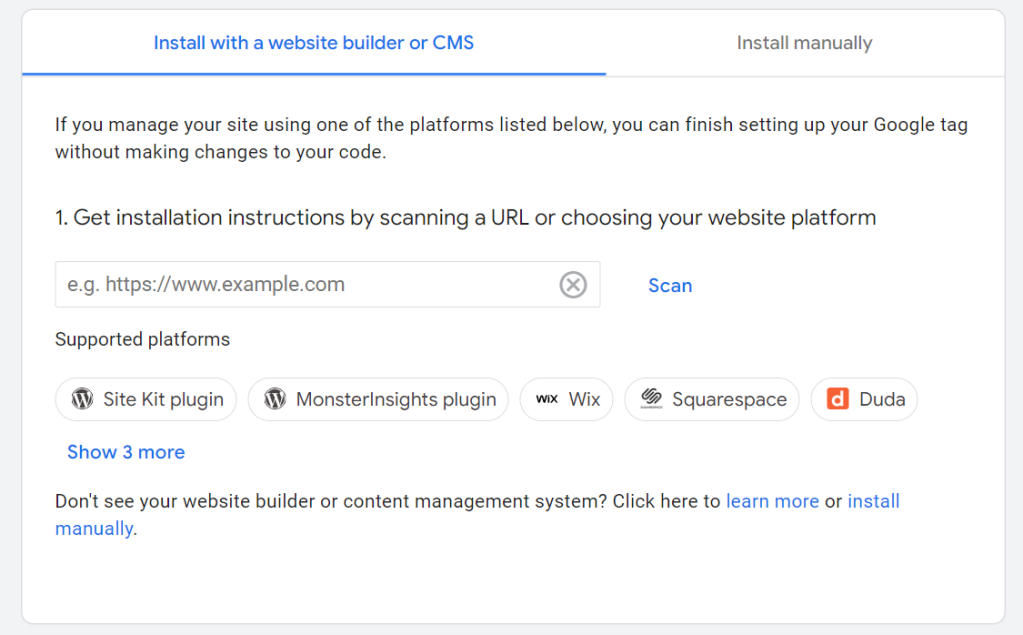 Google Analytics install Google tag screen