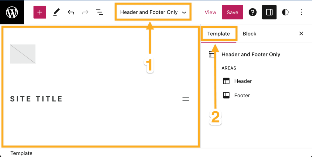 O editor de modelos com uma seta apontando para o nome do Modelo e a barra lateral do Modelo. 