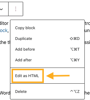 The Edit as HTML block is highlighted in the block toolbar options.