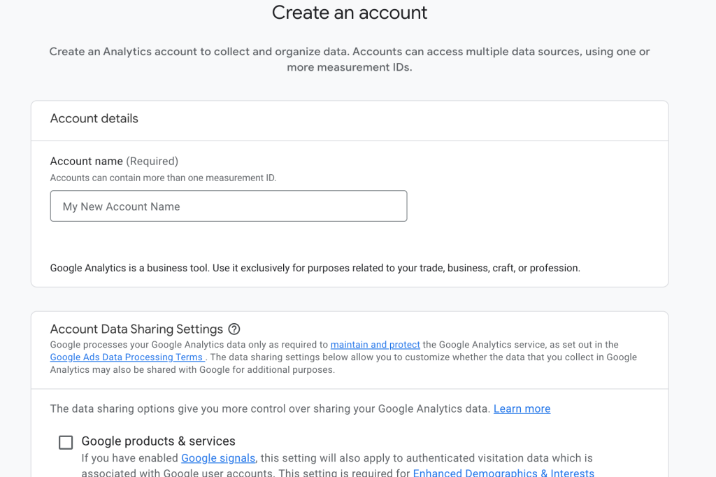 Google analytics new account screen