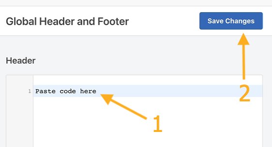 An arrow points to the box to paste the code. A second arrow points to the Save Changes button.